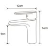 Schematyczny rysunek baterii umywalkowej z wymiarami: długość wylewki 13 cm, wysokość całkowita 14 cm, wysokość wylewki 9 cm. Produkt to "Mexen Alda bateria umywalkowa, chrom - 746100-00".