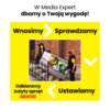 Na zdjęciu znajduje się grafika promocyjna Media Expert z napisem "W Media Expert dbamy o Twoją wygodę!" oraz hasłami: "Wnosimy", "Sprawdzamy", "Ustawiamy", "Odbieramy zużyty sprzęt GRATIS!". W centrum widoczna jest fotografia przedstawiająca dwóch mężczyzn wnoszących telewizor w opakowaniu po schodach.
