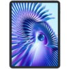 Tablet z wyświetlaczem przedstawiającym abstrakcyjny wzór w odcieniach niebieskiego i fioletowego, z centralnie umieszczoną kulą. Obudowa urządzenia jest cienka, z widocznymi przyciskami na krawędzi.