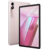 Tablet w kolorze różowym z dużym ekranem, na którym widoczna jest abstrakcyjna grafika w odcieniach różu i błękitu. Na tylnej obudowie znajdują się dwa obiektywy aparatu oraz napis "13MP AF CAMERA".