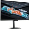 Monitor z widocznym logo "GIGABYTE" na dolnej ramce, wyświetlający kolorowy napis "GAMING" na tle przypominającym klawiaturę. Na obudowie monitora znajduje się również logo "GIGABYTE".