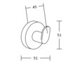 Ilustracja przedstawia schematyczny rysunek haczyka na ręcznik z wymiarami: 45 mm szerokości i 51 mm wysokości. Produkt ma okrągłą podstawę i prosty, zaokrąglony uchwyt.