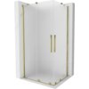 Kabina prysznicowa o wymiarach 100 x 90 cm z matowym szkłem i złotymi elementami wykończenia, w tym uchwytami i ramą. Produkt ma elegancki, nowoczesny design z przesuwanymi drzwiami.