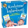 Niebieskie pudełko gry planszowej z napisem "Rodzinne kalambury" oraz "20 tysięcy różnych haseł!" zawiera ilustracje kart z hasłami "Postacie..." i "Czynności...", a także zdjęcia dwóch dzieci. W prawym górnym rogu widoczne jest logo "TACTIC", a w lewym górnym rogu medal z napisem "Dobra Marka 2022".