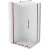 Kabina prysznicowa o wymiarach 110 x 85 cm z rozsuwanymi drzwiami, wykonana z matowego szkła i wykończona w kolorze różowego złota. Produkt ma eleganckie, proste linie i metalowe uchwyty.