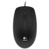 Czarno-szara mysz komputerowa z przewodem, posiadająca dwa przyciski i rolkę przewijania. Na powierzchni myszy widoczne jest logo "Logitech".
