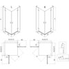 Schemat przedstawia dwie wersje kabiny prysznicowej z oznaczeniami "L" i "R", z wymiarami i oznaczeniami elementów: H, F1, F2, E1, E2, A1, X1, Y1, B2, C1, D, A2, X2, Y2, B1. W dolnej części znajdują się szczegółowe rysunki techniczne z dodatkowymi oznaczeniami wymiarów.