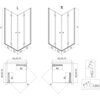 Na zdjęciu znajduje się schemat techniczny kabiny prysznicowej z oznaczeniami literowymi i wymiarami, takimi jak L, R, H, F1, F2, E1, E2, A1, X1, Y1, A2, X2, Y2, B1, B2, D. Schemat przedstawia widok z góry oraz przekroje boczne kabiny.