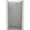 Drzwi prysznicowe uchylne o szerokości 85 cm, wykonane z transparentnego szkła, z elementami w kolorze złotym, zamontowane w marmurowej wnęce. Produkt ma elegancki, minimalistyczny design z widocznymi złotymi zawiasami i uchwytami.