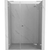 Przeszklone drzwi prysznicowe z chromowanymi elementami, zamontowane w marmurowej wnęce. Produkt to "Mexen Lunar L drzwi prysznicowe uchylne prawe 160 cm, transparent, chrom - 834SL-160-050-01-00-P".