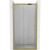 Przesuwane drzwi prysznicowe o szerokości 130 cm z przezroczystego szkła, z złotymi ramami i uchwytem, zamontowane w marmurowej wnęce. Produkt ma elegancki, minimalistyczny design.