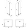 Schemat przedstawia dwa zestawy drzwi prysznicowych oznaczone jako "L" i "R", z wymiarami oznaczonymi literami H, F, E, B, D, A, X. Drzwi są składane, a na rysunku widoczne są ich przekroje oraz sposób montażu.