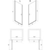 Schemat przedstawia drzwi prysznicowe uchylne w dwóch wariantach: lewym (L) i prawym (R), z oznaczeniami wymiarów H, E, A, X, D i B. Na rysunku widoczne są również przekroje boczne drzwi z dodatkowymi oznaczeniami wymiarów.