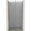 Przesuwane drzwi prysznicowe o szerokości 110 cm, wykonane z transparentnego szkła, z elementami w złotym kolorze. Produkt ma prosty, nowoczesny design z pionowym uchwytem i złotymi akcentami na ramie.