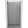 Przesuwane drzwi prysznicowe o szerokości 120 cm z transparentnym szkłem i złotymi elementami wykończenia, zamontowane w marmurowej wnęce. Produkt ma prosty, nowoczesny design z pionowym uchwytem.