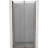 Przesuwane drzwi prysznicowe o szerokości 100 cm, wykonane z transparentnego szkła, z elementami w kolorze różowego złota. Produkt ma elegancki, nowoczesny design z prostymi liniami i marmurowym wzorem na ścianach.