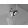 Na zdjęciu widoczny jest fragment przezroczystych drzwi prysznicowych z chromowanym zawiasem i okrągłym uchwytem. Drzwi mają nowoczesny design z prostymi liniami i metalicznymi elementami.