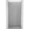 Przeszklone drzwi prysznicowe z uchwytem, osadzone w chromowanej ramie, na tle ściany o marmurowym wzorze. Produkt to "Mexen Exo drzwi prysznicowe uchylne 85 cm, transparent, chrom - 817-085-000-01-00".