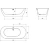 Schemat wanny wolnostojącej z trzema widokami: z boku, z góry i z przodu, z wymiarami 1800 x 850 mm, 1250 mm, 590 mm, 415 mm i 580 mm. Na rysunku widoczny jest otwór przelewowy oraz odpływ.