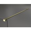 Złota, szczotkowana ścianka prysznicowa z półką, wykonana z przezroczystego szkła, zamocowana na metalowym wsporniku. Produkt ma minimalistyczny design i jest przeznaczony do montażu typu Walk-in.