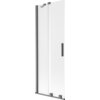 Dwuskrzydłowy, rozsuwany parawan nawannowy o wymiarach 75 x 150 cm, wykonany z matowego szkła z elementami w kolorze gun gray szczotkowanym. Produkt ma prostokątny uchwyt i metalowe mocowania na górze i dole.