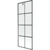 Jednoskrzydłowy parawan nawannowy o wymiarach 70 x 150 cm z czarną kratką i wykończeniem w kolorze gun metal. Produkt ma prostokątną formę z widocznymi pionowymi i poziomymi liniami tworzącymi kratkę.