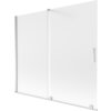 Dwuskrzydłowy, rozsuwany parawan nawannowy o wymiarach 180 x 150 cm, wykonany z matowego szkła z chromowanymi elementami, w tym uchwytem. Produkt ma prosty, nowoczesny design z widocznymi metalowymi profilami.