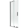 Dwuskrzydłowy, rozsuwany parawan nawannowy o wymiarach 75 x 150 cm, wykonany z przezroczystego szkła, z elementami w kolorze szczotkowanego szarego metalu. Produkt posiada prostokątny uchwyt oraz metalowe mocowania.