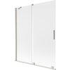 Dwuskrzydłowy, rozsuwany parawan nawannowy o wymiarach 140 x 150 cm, wykonany z matowego szkła z elementami w kolorze szczotkowanego niklu. Produkt ma prostokątny kształt z metalowymi uchwytami i mocowaniami.