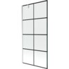 Szklany parawan nawannowy z czarną kratką i chromowanymi elementami, składający się z jednego skrzydła. Produkt ma wymiary 90 x 150 cm.