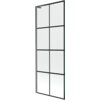 Jednoskrzydłowy parawan nawannowy o wymiarach 70 x 150 cm z czarną kratką i szczotkowanym wykończeniem w kolorze gun gray. Produkt ma prostokątną formę z metalowymi ramami i przezroczystymi panelami.