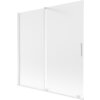 Dwuskrzydłowy, rozsuwany parawan nawannowy o wymiarach 160 x 150 cm, wykonany z białego, szronionego szkła, z prostokątnym uchwytem. Produkt ma minimalistyczny design z gładką powierzchnią i prostymi liniami.