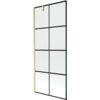 Jednoskrzydłowy parawan nawannowy o wymiarach 80 x 150 cm z czarną kratką i złotym szczotkowanym wykończeniem. Produkt ma prostokątną formę z podziałem na osiem równych sekcji.