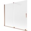 Dwuskrzydłowy, rozsuwany parawan nawannowy o wymiarach 180 x 150 cm, wykonany z matowego szkła z elementami w kolorze różowego złota. Produkt ma prostokątny uchwyt i metalowe wykończenia na krawędziach.