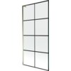 Jednoskrzydłowy parawan nawannowy o wymiarach 90 x 150 cm z czarną kratką i złotą ramą. Produkt ma prostokątny kształt i jest podzielony na dziewięć równych sekcji przez czarne linie.