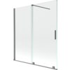 Dwuskrzydłowy, rozsuwany parawan nawannowy o wymiarach 150 x 150 cm, wykonany z transparentnego szkła i wykończony w kolorze gun metal. Produkt posiada prostokątny uchwyt oraz metalowe elementy montażowe.