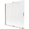 Dwuskrzydłowy parawan nawannowy o wymiarach 160 x 150 cm, wykonany z mrożonego szkła z elementami w kolorze szczotkowanej miedzi. Produkt ma prostą konstrukcję z widocznymi uchwytami i mocowaniami.