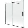 Przesłany obraz przedstawia dwuskrzydłowy, rozsuwany parawan nawannowy o wymiarach 160 x 150 cm, wykonany z przezroczystego szkła z czarnymi elementami konstrukcyjnymi. Produkt ma prosty, nowoczesny design z widocznymi uchwytami i mocowaniami.