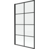 Szklany parawan nawannowy z czarną ramą, podzielony na osiem prostokątnych sekcji przez pionowe i poziome linie. Produkt ma minimalistyczny design z wyraźnymi, geometrycznymi podziałami.