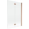 Dwuskrzydłowy parawan nawannowy o wymiarach 120 x 150 cm, wykonany z transparentnego szkła z elementami w kolorze miedzi szczotkowanej. Produkt ma prostą konstrukcję z widocznymi zawiasami i uchwytem.