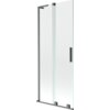 Dwuskrzydłowy, rozsuwany parawan nawannowy o wymiarach 85 x 150 cm, wykonany z przezroczystego szkła, z elementami w kolorze szczotkowanego szarego metalu. Produkt ma prostokątny uchwyt i metalowe ramy.