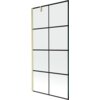 Przesłany obraz przedstawia jednoskrzydłowy parawan nawannowy o wymiarach 90 x 150 cm z czarną kratką i złotym szczotkowanym wykończeniem. Produkt ma prostokątny kształt z widocznymi pionowymi i poziomymi liniami tworzącymi kratkę.