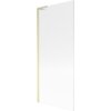 Przedstawiony jest parawan nawannowy o wymiarach 80 x 150 cm z prążkowaną powierzchnią i złotym szczotkowanym wykończeniem. Produkt ma prostą, elegancką formę z widocznymi pionowymi liniami na szklanej powierzchni.