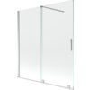 Przesłane zdjęcie przedstawia dwuskrzydłowy, rozsuwany parawan nawannowy o wymiarach 150 x 150 cm, wykonany z przezroczystego szkła z chromowanymi elementami. Produkt ma prostokątny kształt, z metalowym uchwytem i wspornikiem stabilizującym.