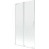 Dwuskrzydłowy, rozsuwany parawan nawannowy o wymiarach 100 x 150 cm, wykonany z transparentnego szkła z białymi elementami konstrukcyjnymi. Produkt posiada prosty uchwyt i minimalistyczny design.