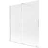 Dwuskrzydłowy, rozsuwany parawan nawannowy o wymiarach 150 x 150 cm, wykonany z białego, szronionego szkła, z prostokątnym uchwytem. Produkt ma prostą, nowoczesną konstrukcję z widocznymi elementami montażowymi.