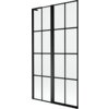 Dwuskrzydłowy parawan nawannowy z czarną kratką, wykonany ze szkła, o wymiarach 100 x 150 cm. Produkt ma prostą, nowoczesną konstrukcję z wyraźnymi pionowymi i poziomymi liniami.