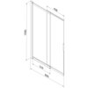 Schemat przedstawia dwuskrzydłowy, przesuwny parawan nawannowy o wymiarach 85 x 150 cm, z oznaczeniami długości 438 mm i 510 mm. Produkt jest transparentny, z miedzianym, szczotkowanym wykończeniem.