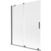 Dwuskrzydłowy, rozsuwany parawan nawannowy o wymiarach 140 x 150 cm, wykonany z matowego szkła z metalowymi elementami w kolorze gun metal. Produkt posiada prostokątny uchwyt oraz mocowania w tym samym kolorze.