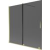 Dwuskrzydłowy, rozsuwany parawan nawannowy w kolorze grafitowym z elementami w złotym odcieniu, posiada prostokątny uchwyt i minimalistyczny design. Produkt ma wymiary 160 x 150 cm.